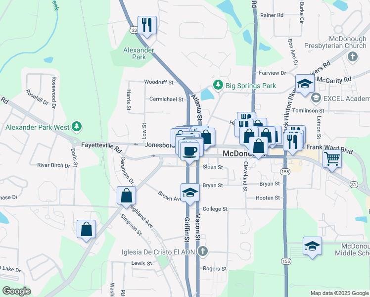 map of restaurants, bars, coffee shops, grocery stores, and more near 8 Jonesboro Street in McDonough