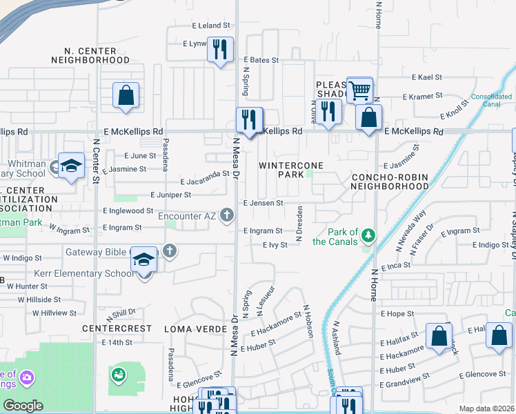 map of restaurants, bars, coffee shops, grocery stores, and more near 1726 North Summer Circle in Mesa