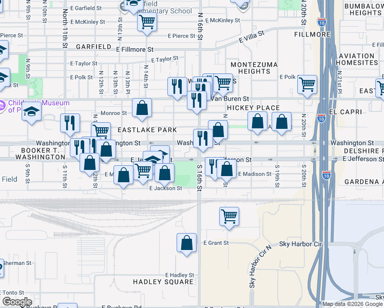 map of restaurants, bars, coffee shops, grocery stores, and more near 1555 East Washington Street in Phoenix