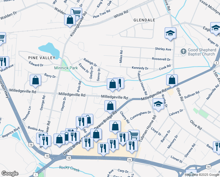 map of restaurants, bars, coffee shops, grocery stores, and more near 1975 Sanford Court in Augusta