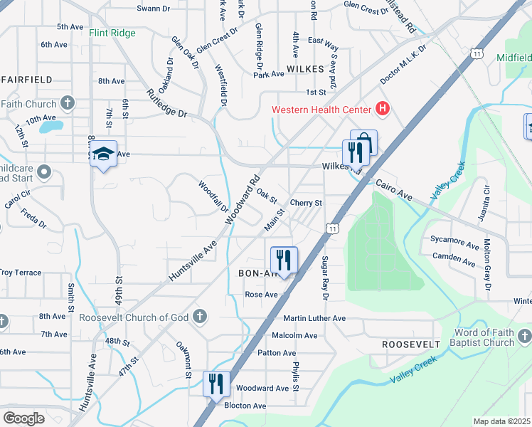 map of restaurants, bars, coffee shops, grocery stores, and more near 34 Wilkes Circle in Midfield
