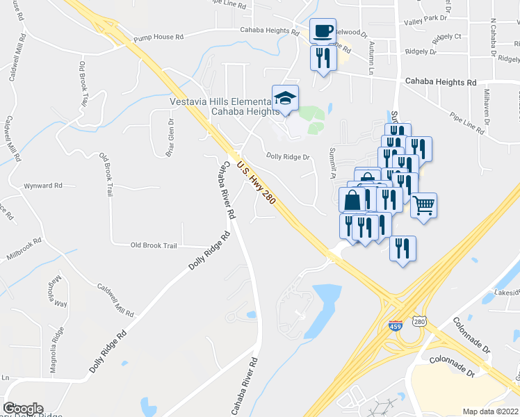 map of restaurants, bars, coffee shops, grocery stores, and more near 3112 Woodclift Circle in Birmingham
