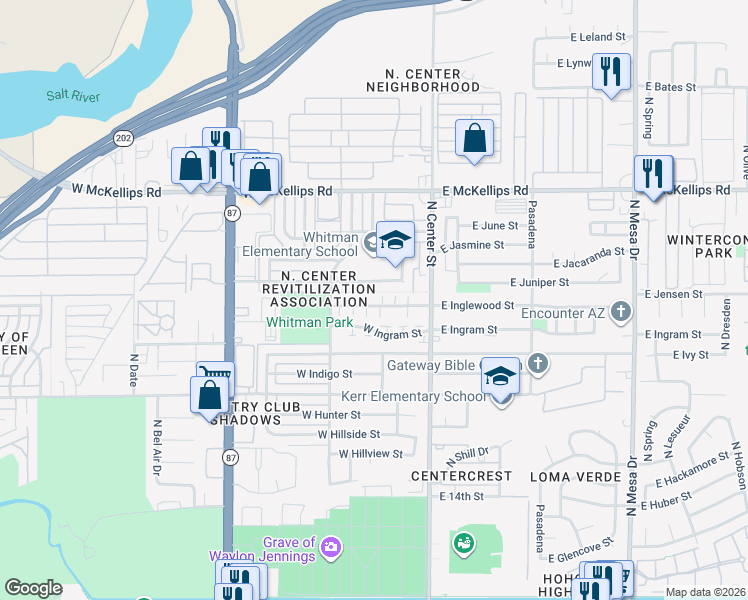 map of restaurants, bars, coffee shops, grocery stores, and more near 112 West Inglewood Street in Mesa