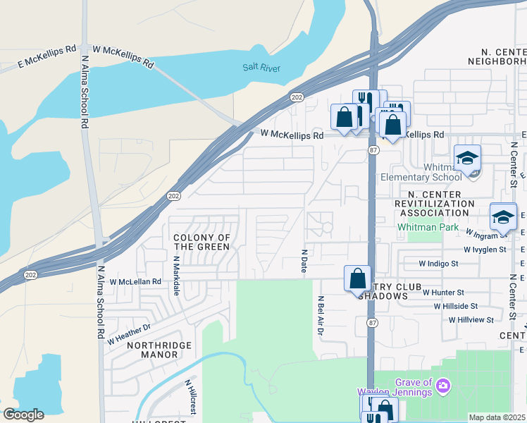 map of restaurants, bars, coffee shops, grocery stores, and more near 702 West Ingram Street in Mesa