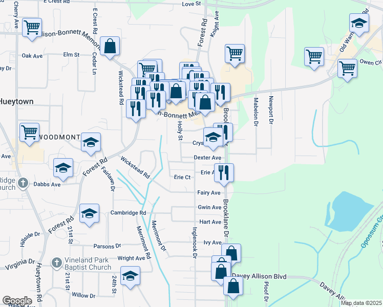 map of restaurants, bars, coffee shops, grocery stores, and more near 114 Inglenook Drive in Hueytown