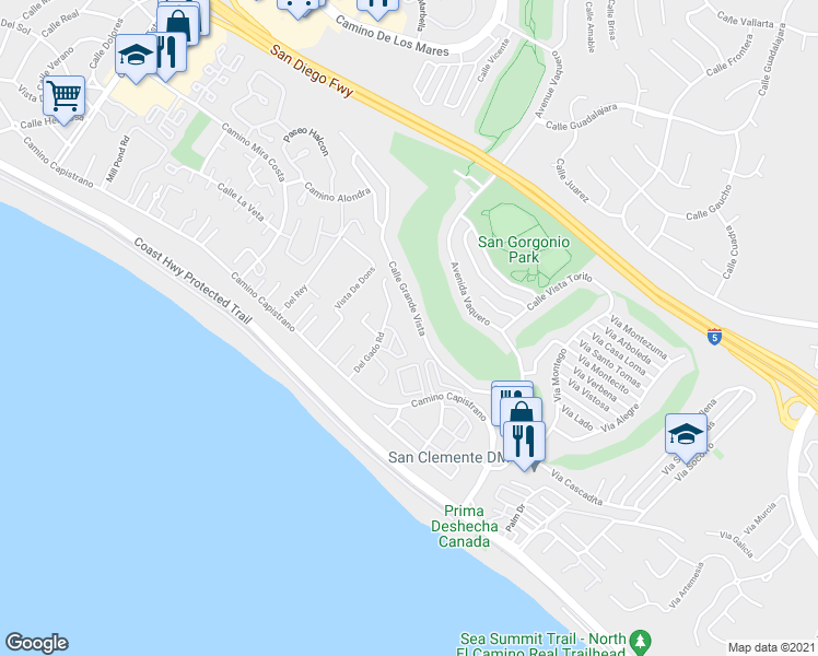 map of restaurants, bars, coffee shops, grocery stores, and more near 268 Del Gado Road in San Clemente