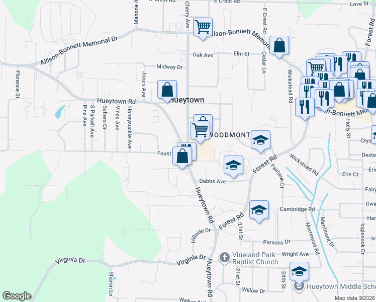 map of restaurants, bars, coffee shops, grocery stores, and more near High School Road in Bessemer