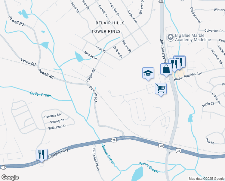 map of restaurants, bars, coffee shops, grocery stores, and more near 1977 Powell Road in Augusta