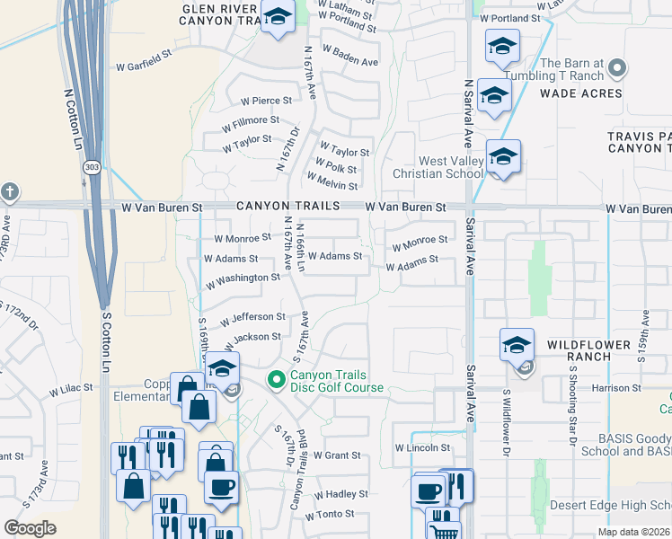 map of restaurants, bars, coffee shops, grocery stores, and more near 16601 West Washington Street in Goodyear