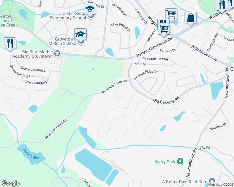 map of restaurants, bars, coffee shops, grocery stores, and more near 4028 Corners Way in Grovetown