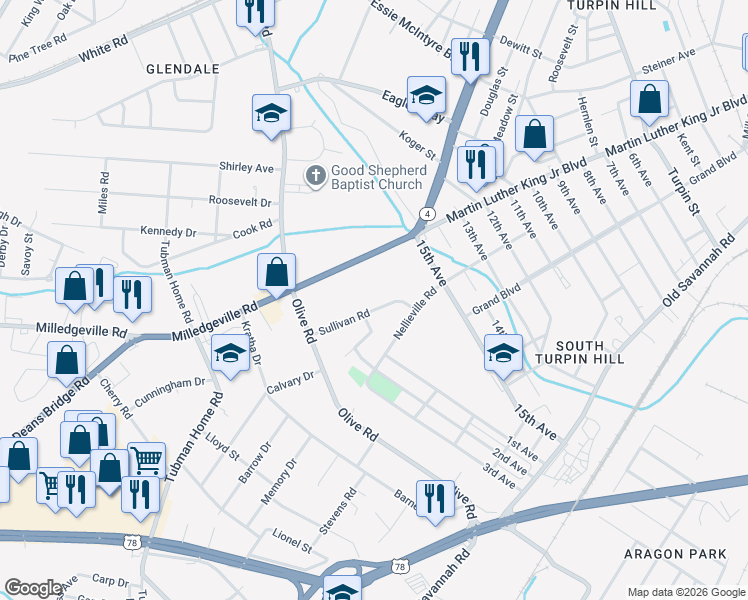 map of restaurants, bars, coffee shops, grocery stores, and more near 2222 Sullivan Road in Augusta