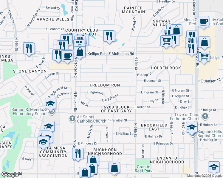 map of restaurants, bars, coffee shops, grocery stores, and more near 1705 North Pinnule in Mesa