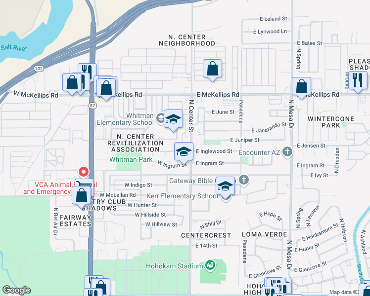 map of restaurants, bars, coffee shops, grocery stores, and more near 7 East Inglewood Street in Mesa