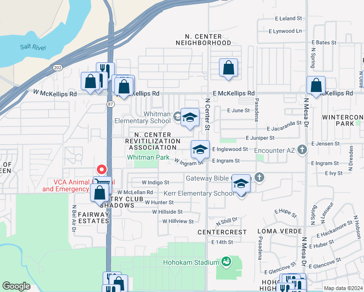 map of restaurants, bars, coffee shops, grocery stores, and more near 123 West Inglewood Street in Mesa