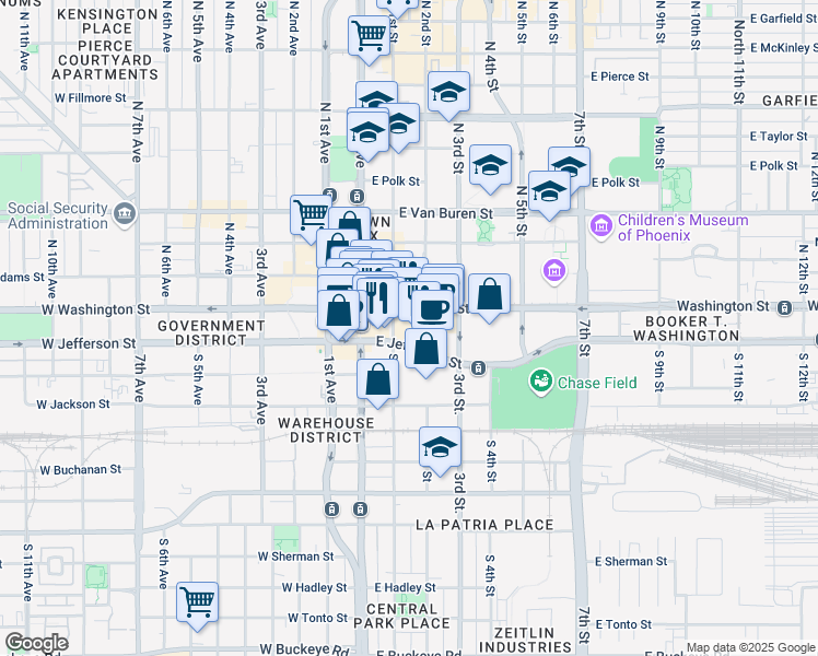 map of restaurants, bars, coffee shops, grocery stores, and more near 125 East Jefferson Street in Phoenix