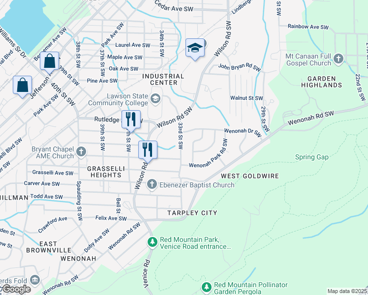 map of restaurants, bars, coffee shops, grocery stores, and more near 3056 Wenonah Park Place Southwest in Birmingham