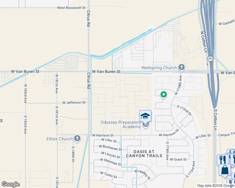 map of restaurants, bars, coffee shops, grocery stores, and more near 17701-17737 West Van Buren Street in Goodyear