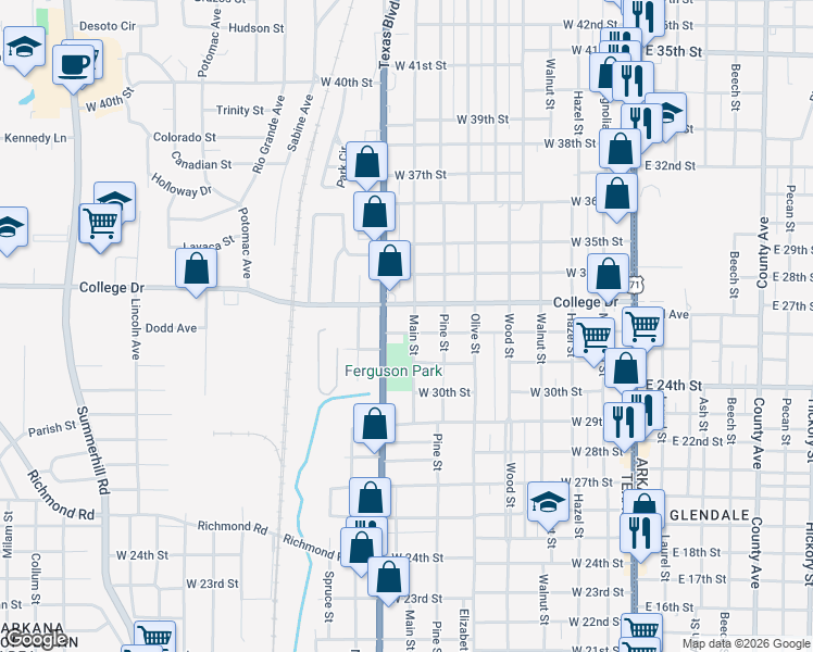 map of restaurants, bars, coffee shops, grocery stores, and more near 3108 Main Street in Texarkana