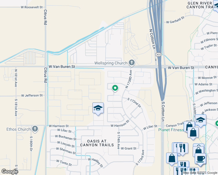 map of restaurants, bars, coffee shops, grocery stores, and more near 17470 West Mesquite Drive in Goodyear