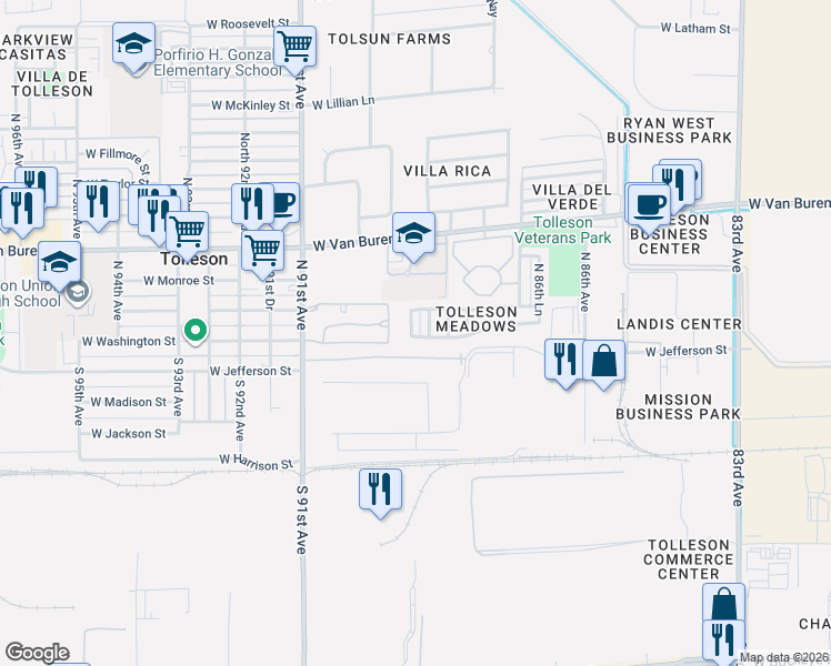 map of restaurants, bars, coffee shops, grocery stores, and more near 8807 West Jefferson Street in Tolleson