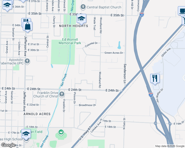map of restaurants, bars, coffee shops, grocery stores, and more near 5 Wood Place in Texarkana
