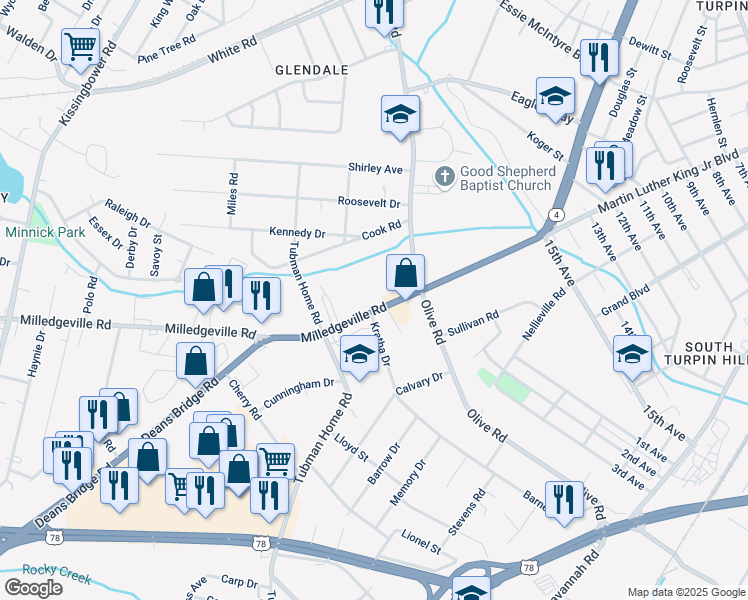 map of restaurants, bars, coffee shops, grocery stores, and more near 2321 Milledgeville Road in Augusta