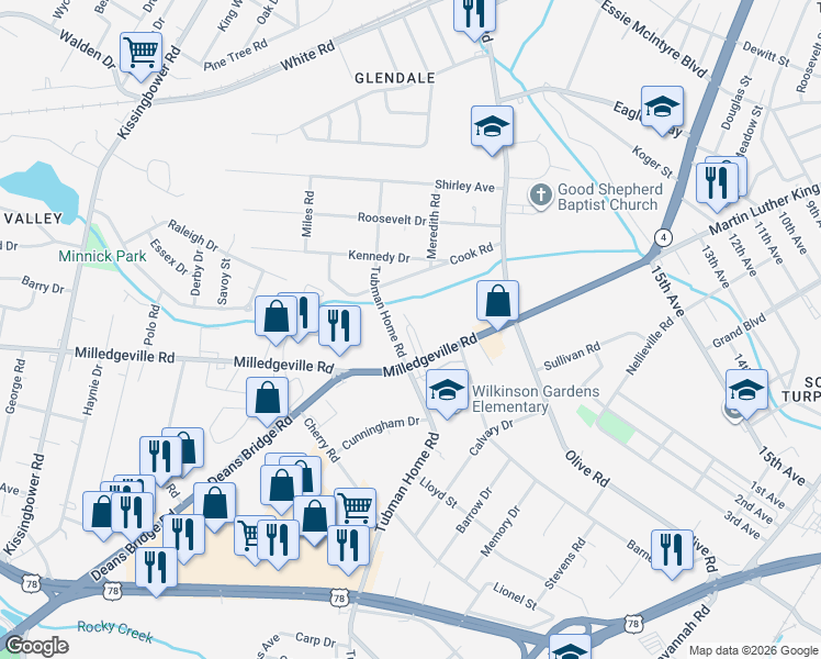 map of restaurants, bars, coffee shops, grocery stores, and more near 2337 Milledgeville Road in Augusta