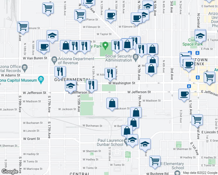 map of restaurants, bars, coffee shops, grocery stores, and more near 1101 West Washington Street in Phoenix