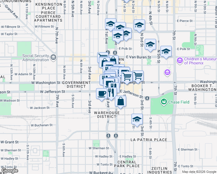 map of restaurants, bars, coffee shops, grocery stores, and more near 50 West Jefferson Street in Phoenix