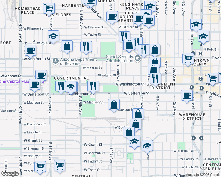 map of restaurants, bars, coffee shops, grocery stores, and more near 1101 West Washington Street in Phoenix