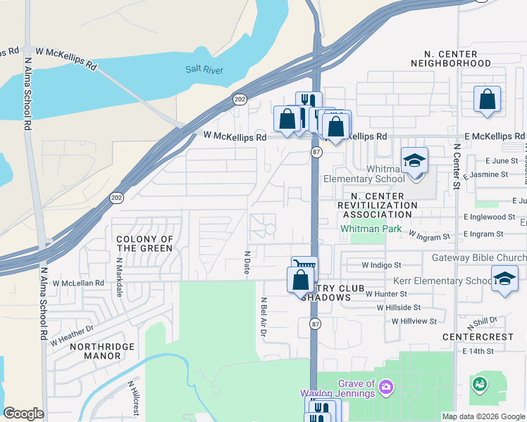 map of restaurants, bars, coffee shops, grocery stores, and more near 47 North Ivy Gardens in Mesa