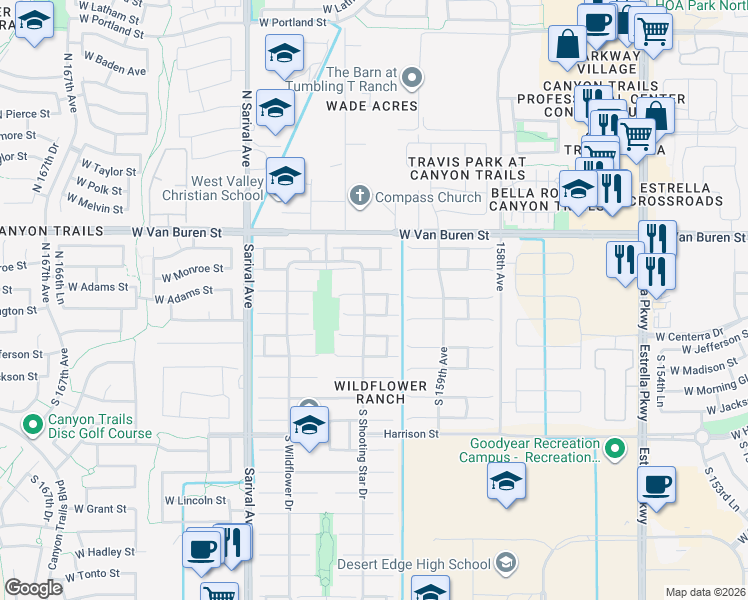 map of restaurants, bars, coffee shops, grocery stores, and more near 16071 West Washington Street in Goodyear
