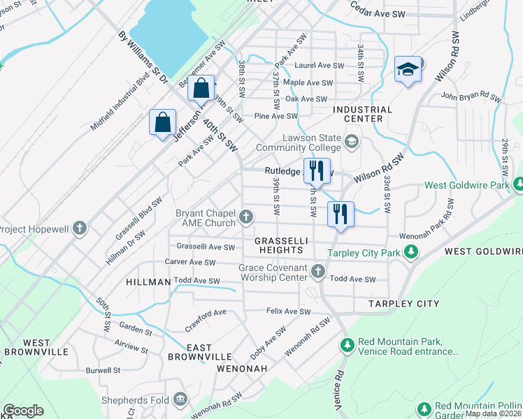 map of restaurants, bars, coffee shops, grocery stores, and more near 3925 Howard Avenue Southwest in Birmingham