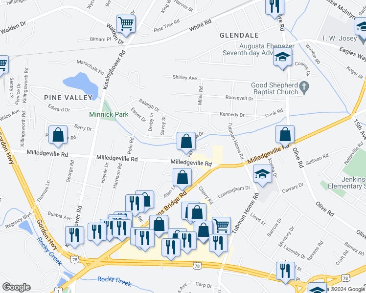 map of restaurants, bars, coffee shops, grocery stores, and more near 1973 Sanford Court in Augusta