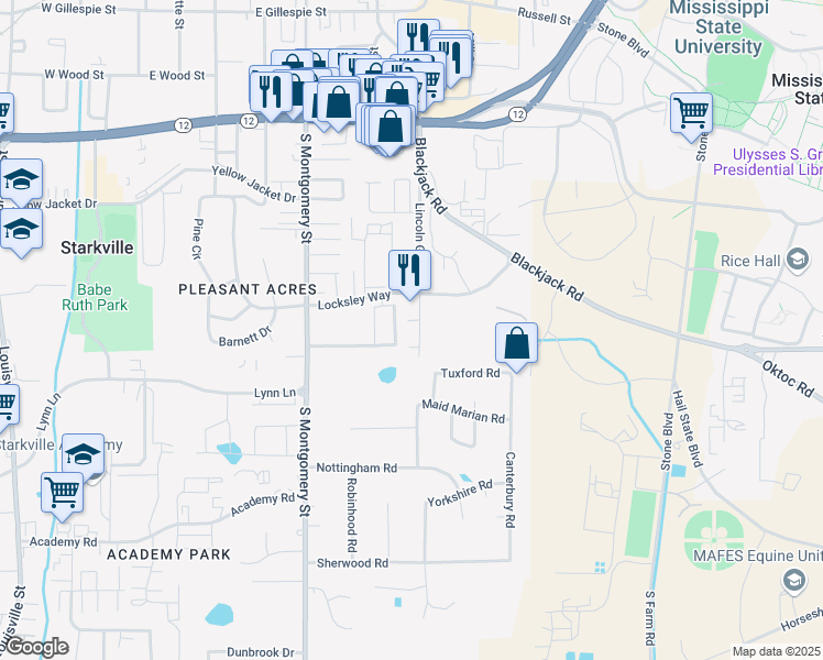 map of restaurants, bars, coffee shops, grocery stores, and more near 220 Lincoln Green in Starkville