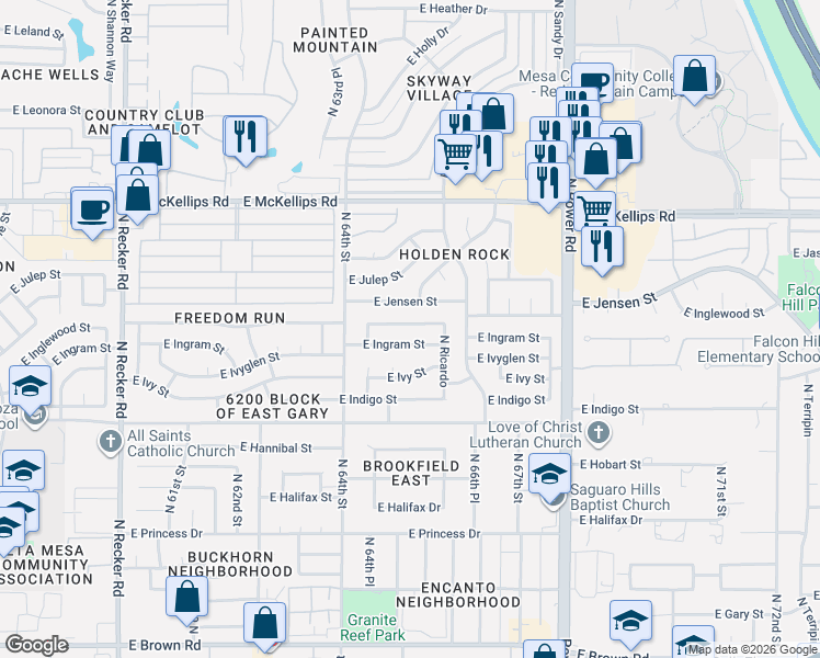 map of restaurants, bars, coffee shops, grocery stores, and more near 6523 East Ingram Street in Mesa