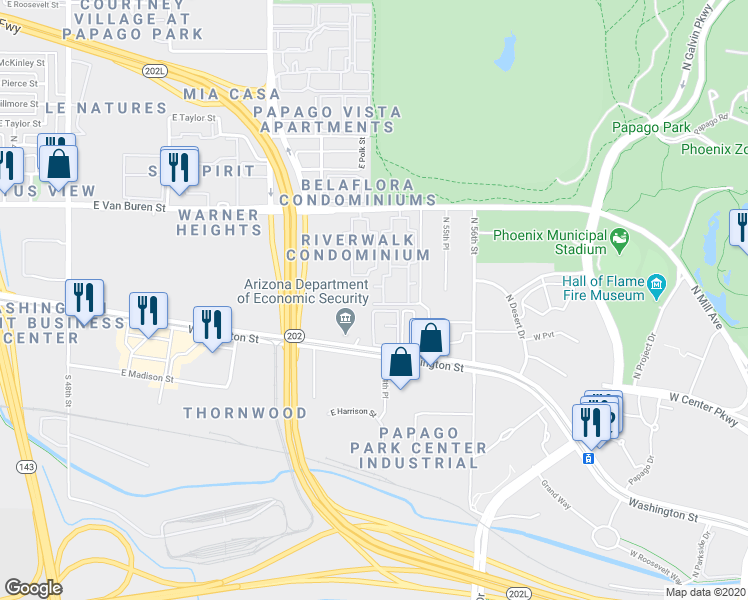 map of restaurants, bars, coffee shops, grocery stores, and more near 5348 East Washington Street in Phoenix