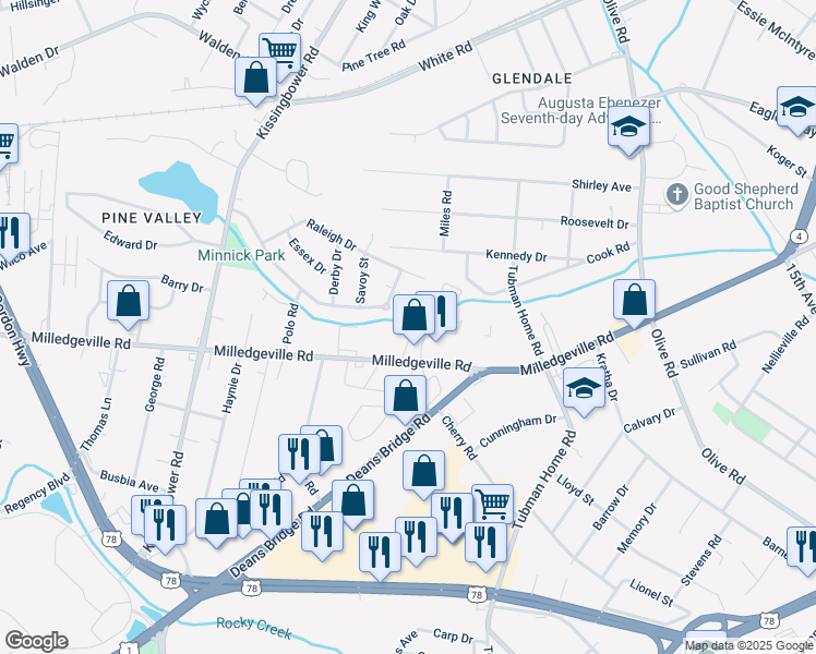 map of restaurants, bars, coffee shops, grocery stores, and more near 1973 Sanford Court in Augusta
