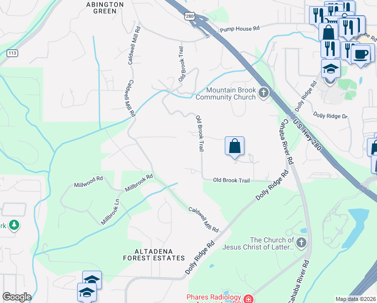 map of restaurants, bars, coffee shops, grocery stores, and more near 4340 Old Brook Trail in Birmingham