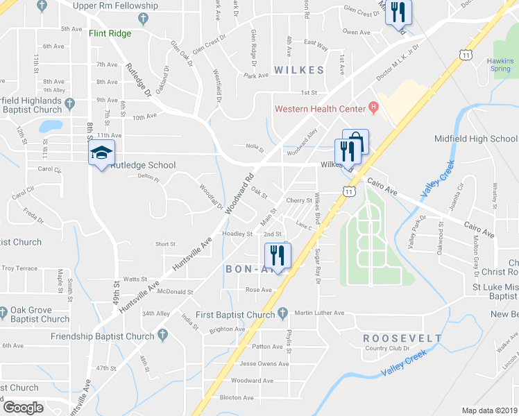 map of restaurants, bars, coffee shops, grocery stores, and more near 46 Wilkes Circle in Birmingham