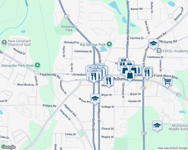 map of restaurants, bars, coffee shops, grocery stores, and more near 0 Jonesboro Street in McDonough