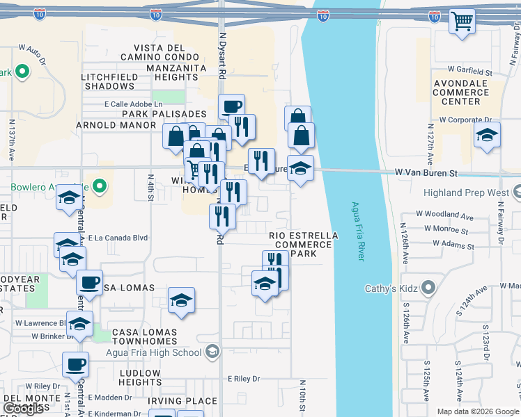 map of restaurants, bars, coffee shops, grocery stores, and more near 1333 North Dysart Road in Avondale