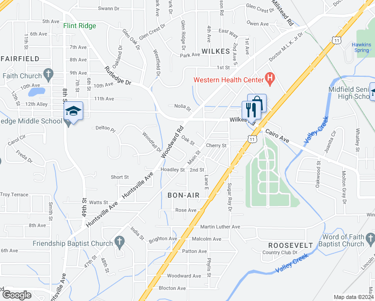 map of restaurants, bars, coffee shops, grocery stores, and more near 32 Wilkes Circle in Birmingham