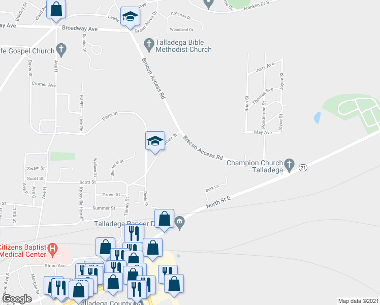 map of restaurants, bars, coffee shops, grocery stores, and more near 671 Brecon Access Road in Talladega