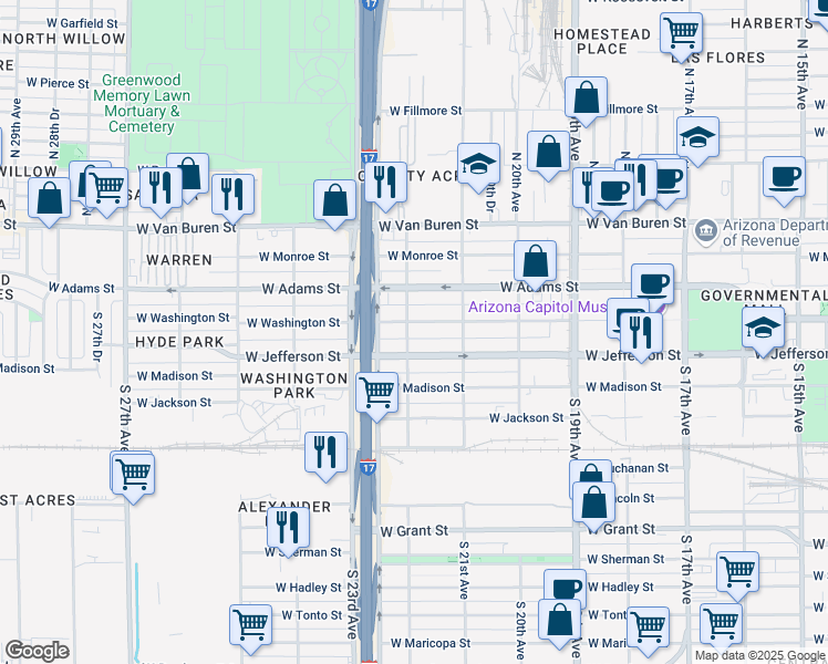 map of restaurants, bars, coffee shops, grocery stores, and more near 2141 West Washington Street in Phoenix