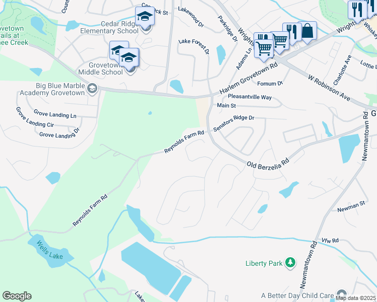map of restaurants, bars, coffee shops, grocery stores, and more near 4030 Corners Way in Grovetown