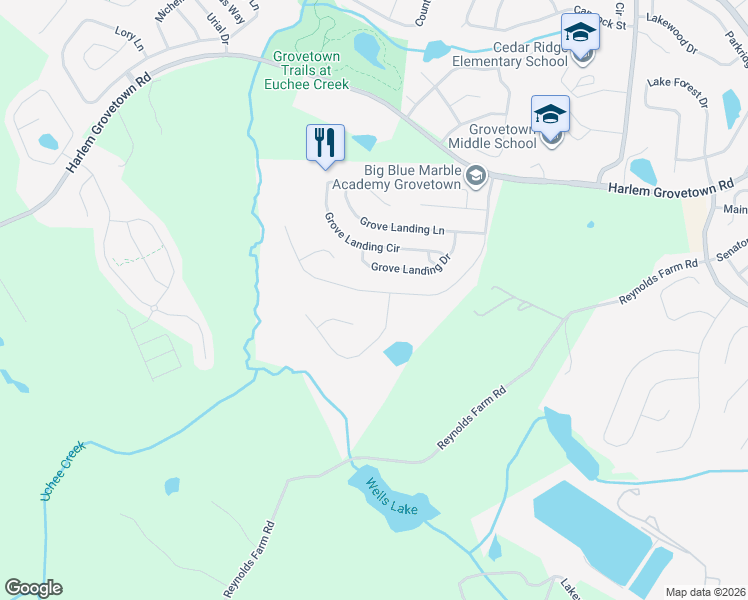 map of restaurants, bars, coffee shops, grocery stores, and more near 2148 Grove Landing Way in Grovetown