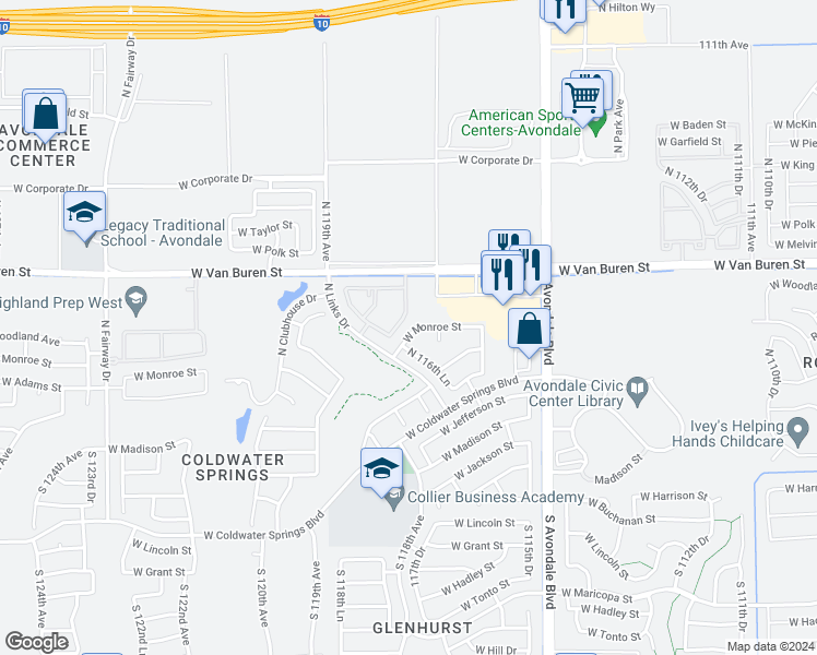 map of restaurants, bars, coffee shops, grocery stores, and more near 11676 West Monroe Street in Avondale