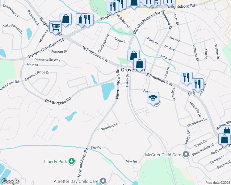 map of restaurants, bars, coffee shops, grocery stores, and more near 75 Spring Street in Grovetown