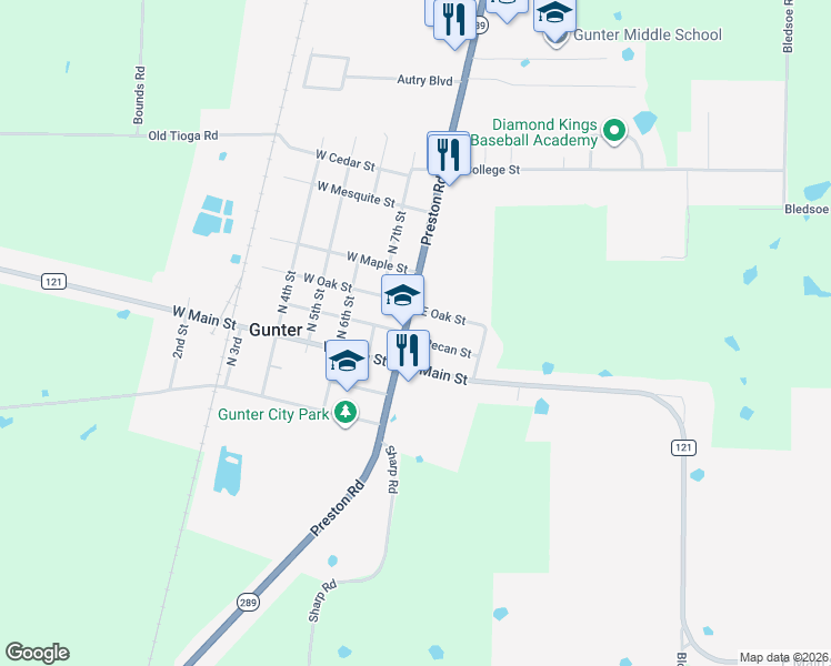 map of restaurants, bars, coffee shops, grocery stores, and more near 213 North 8th Street in Gunter